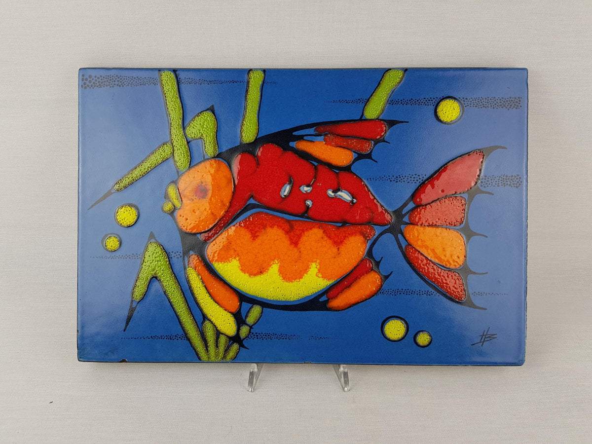 Vintage BAY KERAMIK Ceramic Blue Wall Plate 801-44 Orange-Red Fish – 1972s
