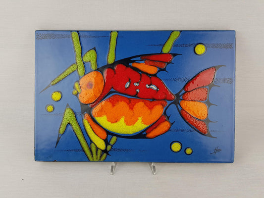 Vintage BAY KERAMIK Ceramic Blue Wall Plate 801-44 Orange-Red Fish – 1972s