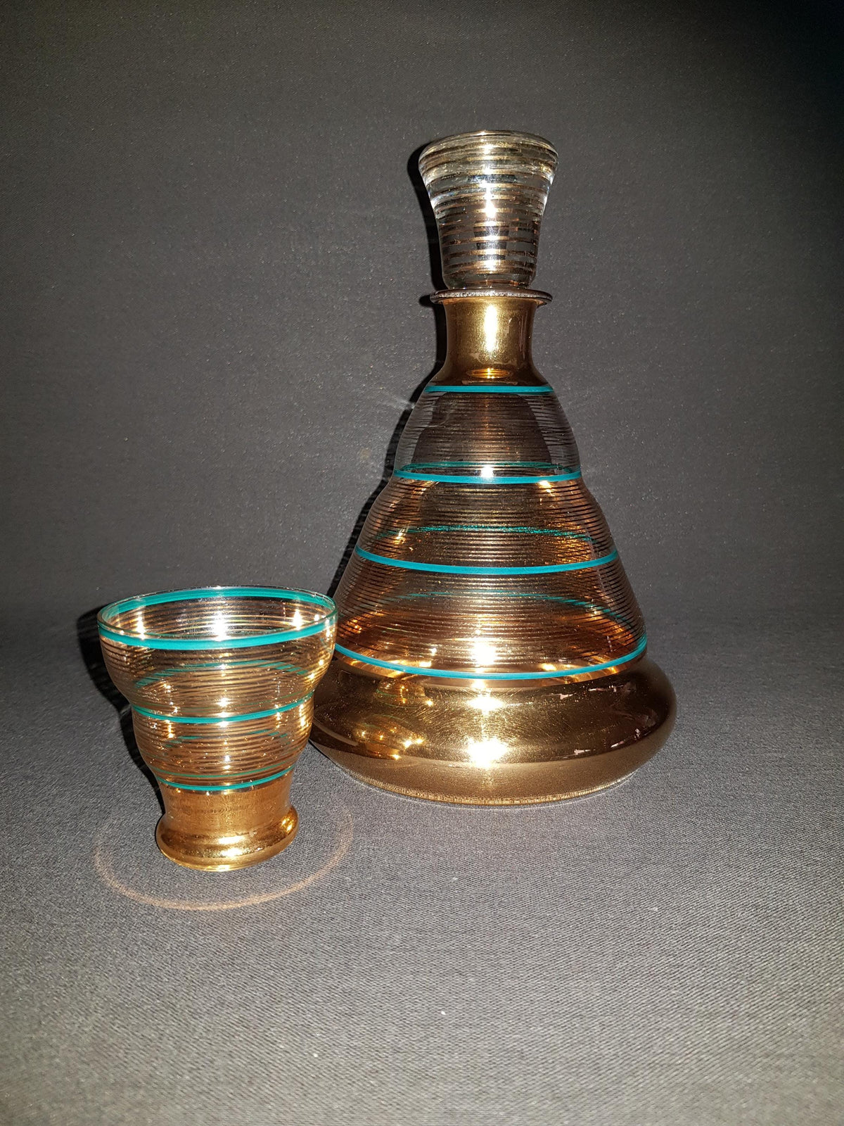 Vintage Czech BORSKE Sklo Union Gold and Turquoise Decanther Set, Bohemian 1950s 1960s