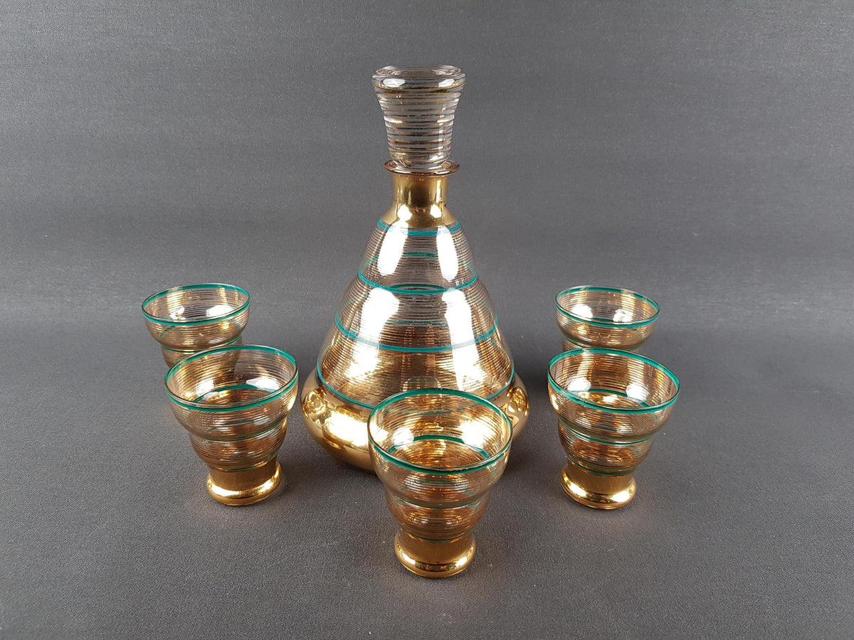 Vintage Czech BORSKE Sklo Union Gold and Turquoise Decanther Set, Bohemian 1950s 1960s