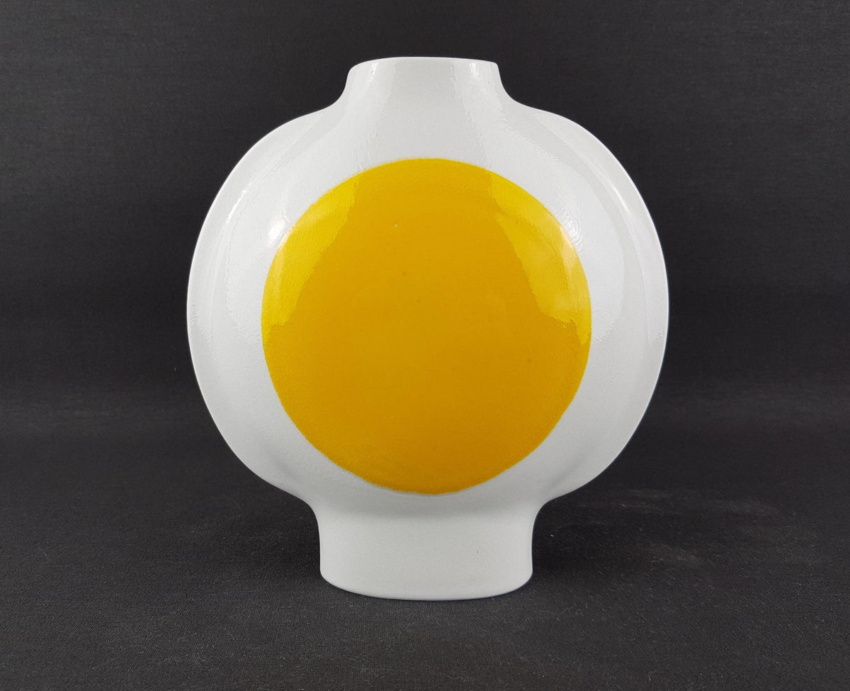 Vintage RÖRSTRAND SWEDEN White and Yellow "Sunburst" Vase by Inger Persson Lunik Series 1960s