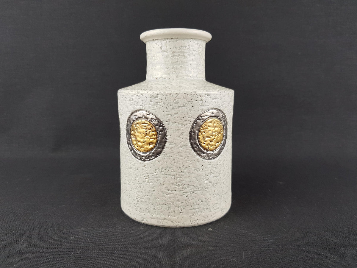 Vintage BITOSSI White Vase with "Travertino " Gold Dot Decor Italy 1972's