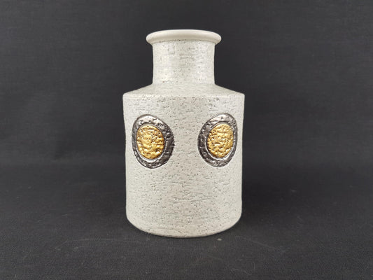 Vintage BITOSSI White Vase with "Travertino " Gold Dot Decor Italy 1972's