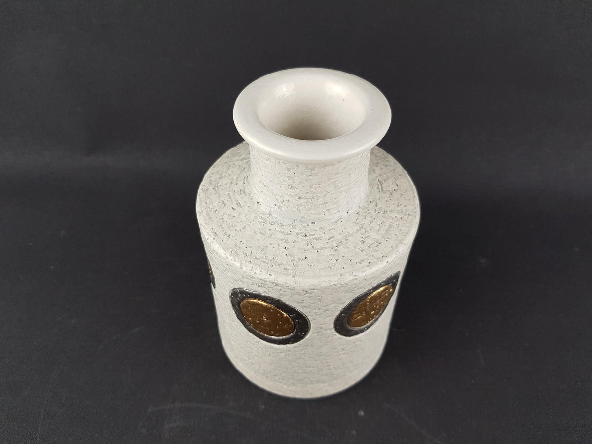 Vintage BITOSSI White Vase with "Travertino " Gold Dot Decor Italy 1972's