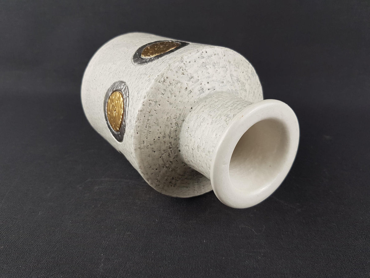 Vintage BITOSSI White Vase with "Travertino " Gold Dot Decor Italy 1972's