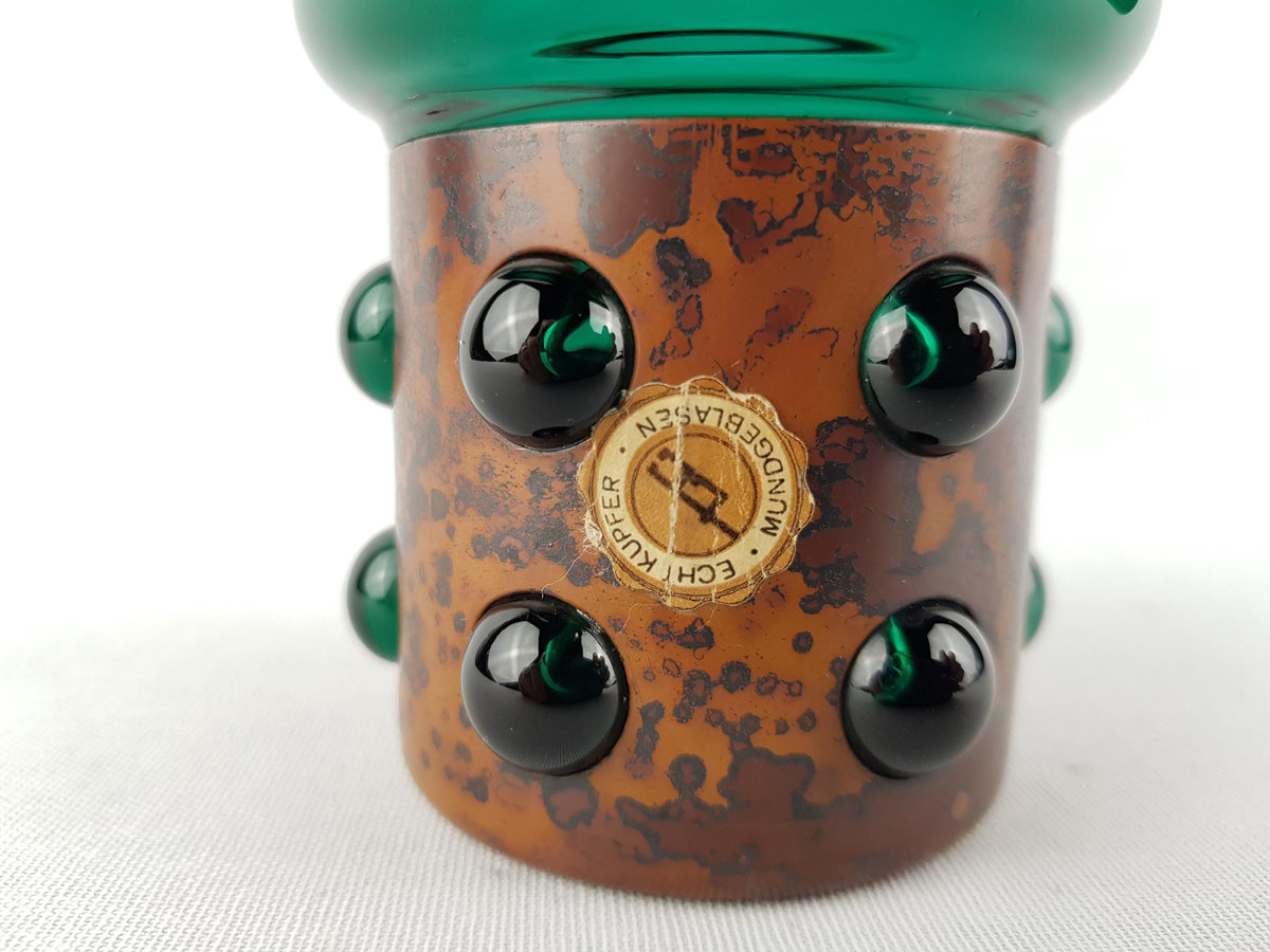Vintage DRIBURG KRISTALL Handled Green Ribbed Vase with Copper Base "Vercuna" Serie by Theodor Hoffmann (teha) 1960's