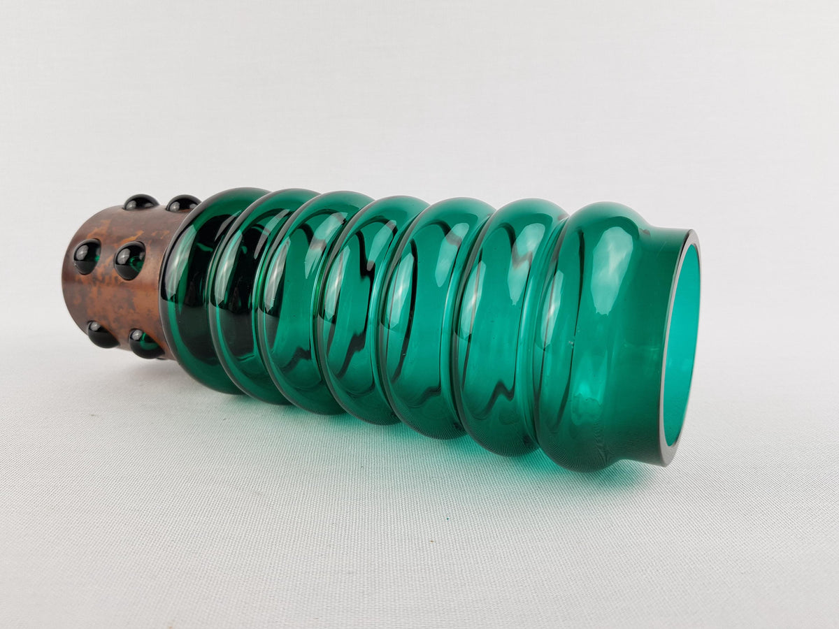 Vintage DRIBURG KRISTALL Handled Green Ribbed Vase with Copper Base "Vercuna" Serie by Theodor Hoffmann (teha) 1960's