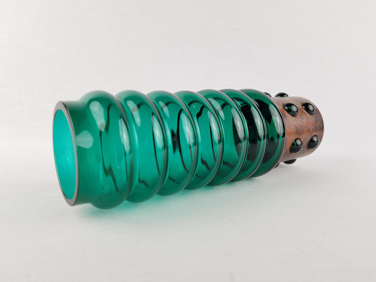 Vintage DRIBURG KRISTALL Handled Green Ribbed Vase with Copper Base "Vercuna" Serie by Theodor Hoffmann (teha) 1960's