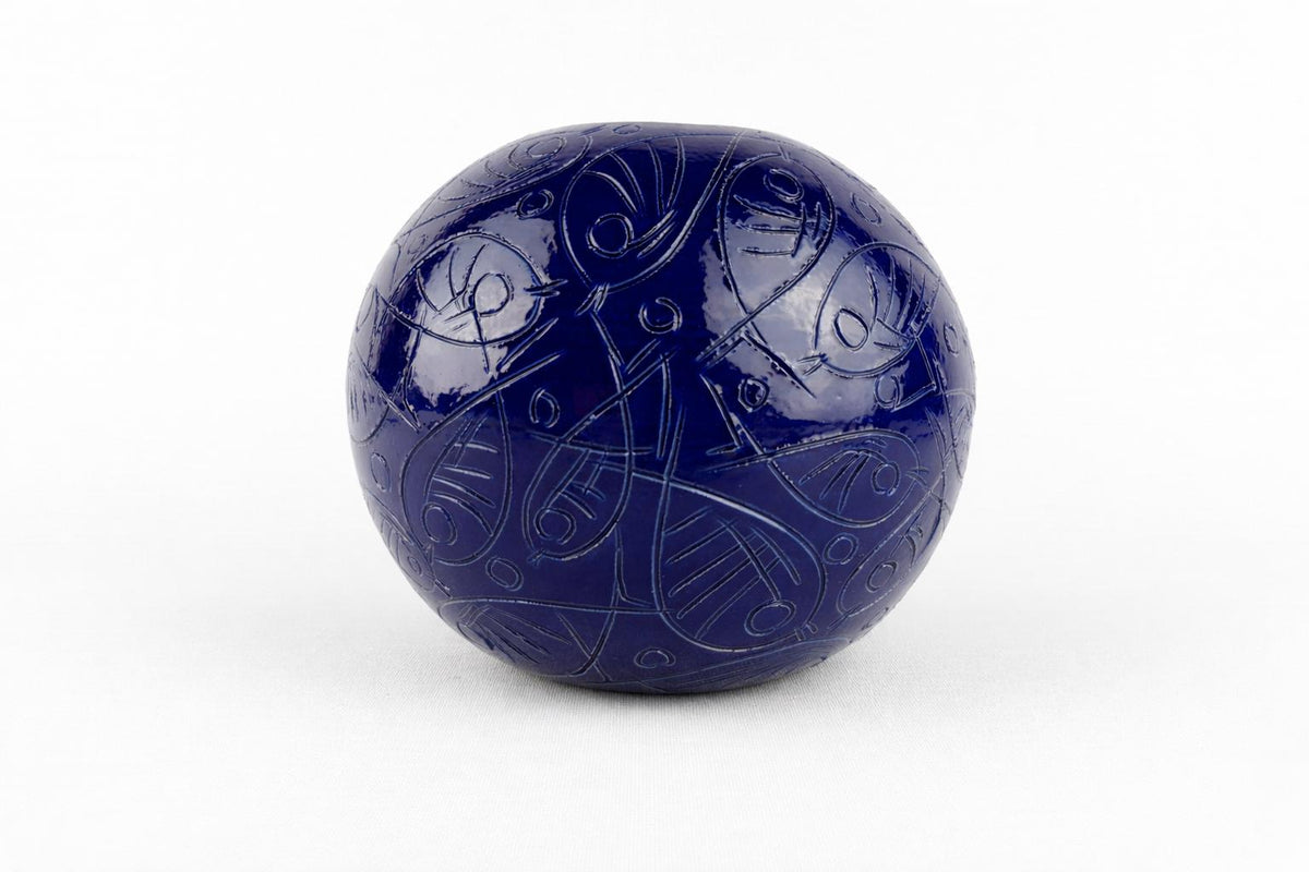 Vintage BLUE BALL VASE – Sgraffito Fish Decor 1960-70's