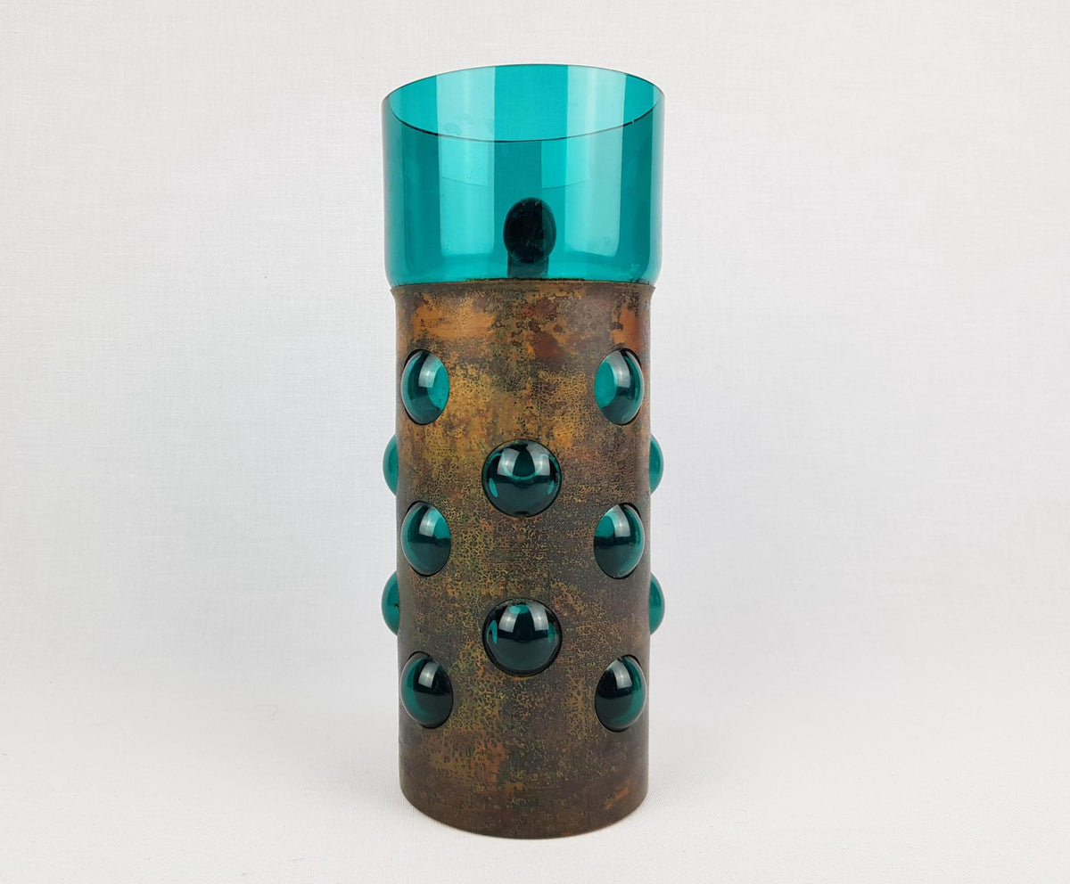 Vintage DRIBURG KRISTALL Handled Blue Turquoise Vase with Copper Base "Vercuna" Serie by Theodor Hoffmann (teha) 1960's