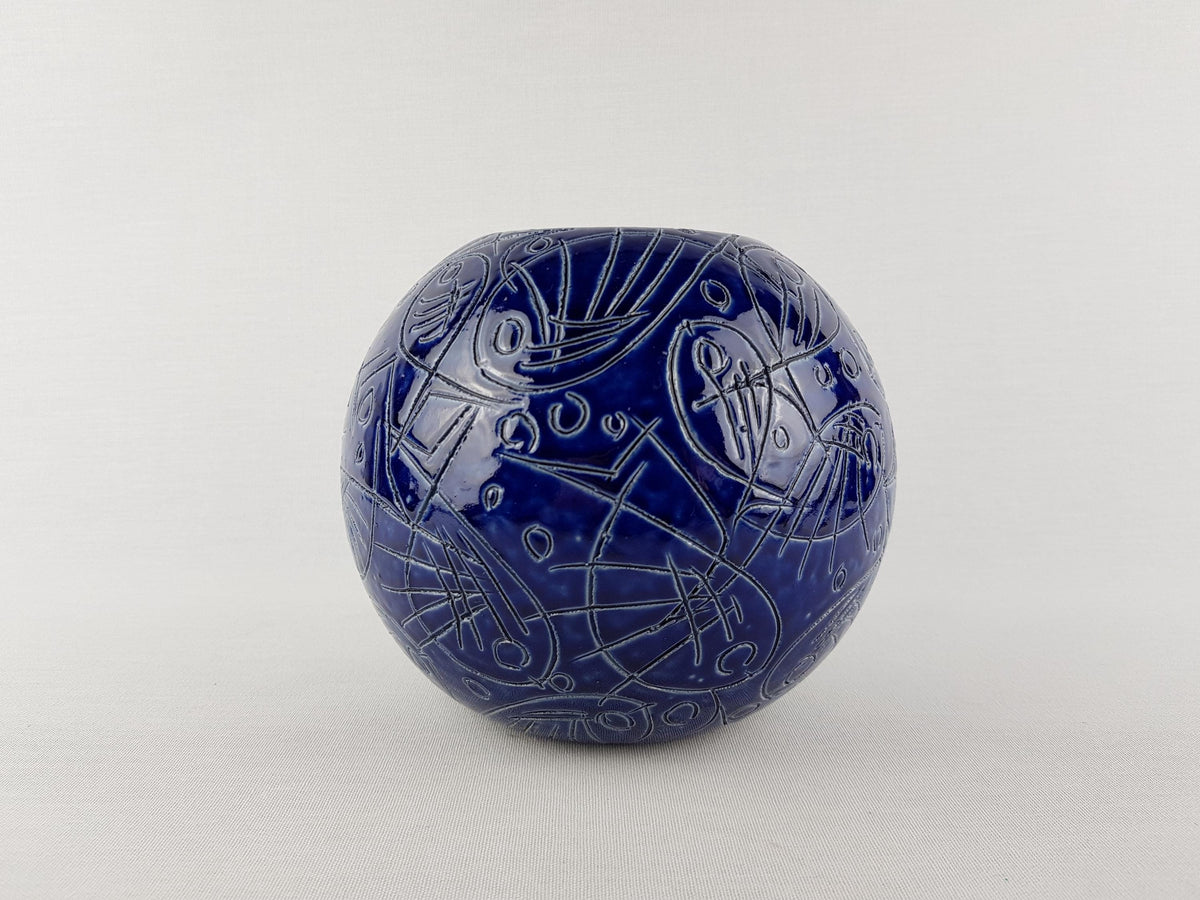 Vintage BLUE BALL VASE – Sgraffito Fish Decor 1960-70's