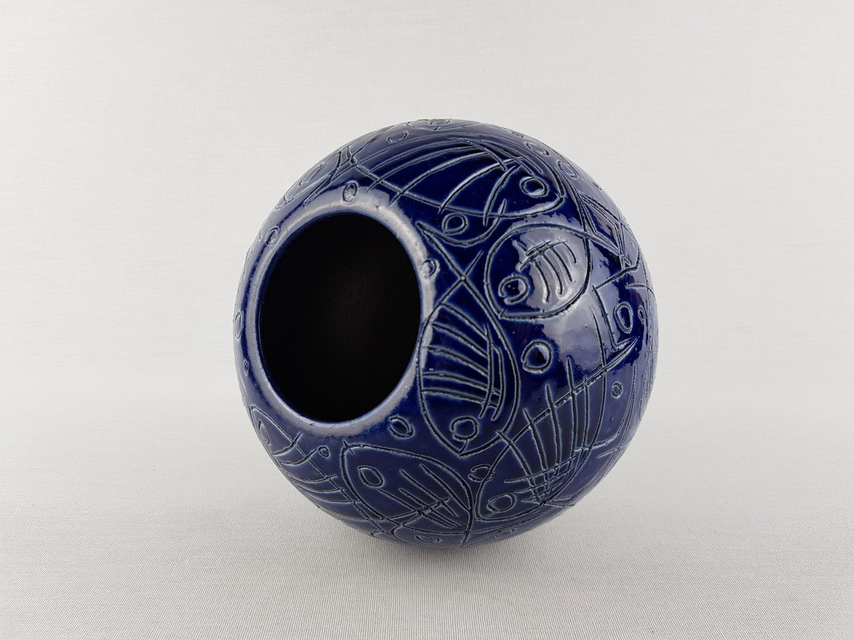 Vintage BLUE BALL VASE – Sgraffito Fish Decor 1960-70's