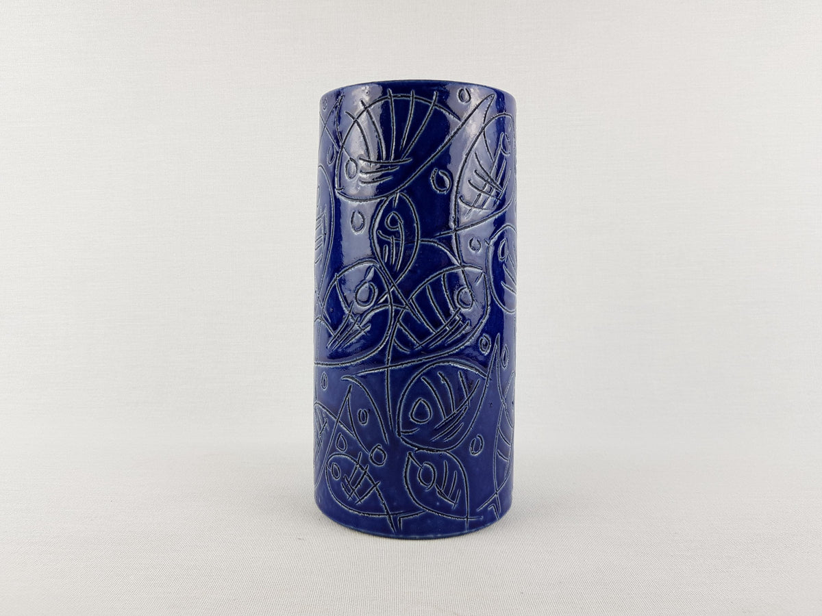 Vintage BLUE CILINDER VASE – Sgraffito Fish Decor 1960-70's