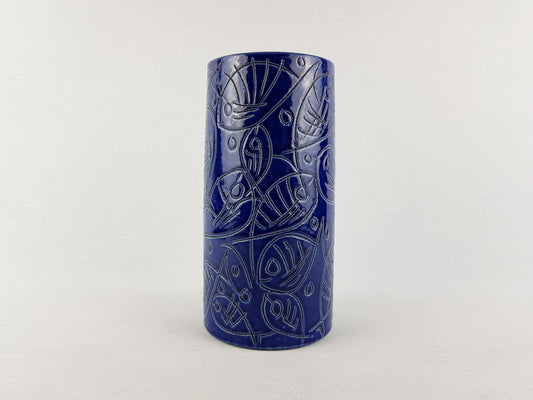 Vintage BLUE CILINDER VASE – Sgraffito Fish Decor 1960-70's