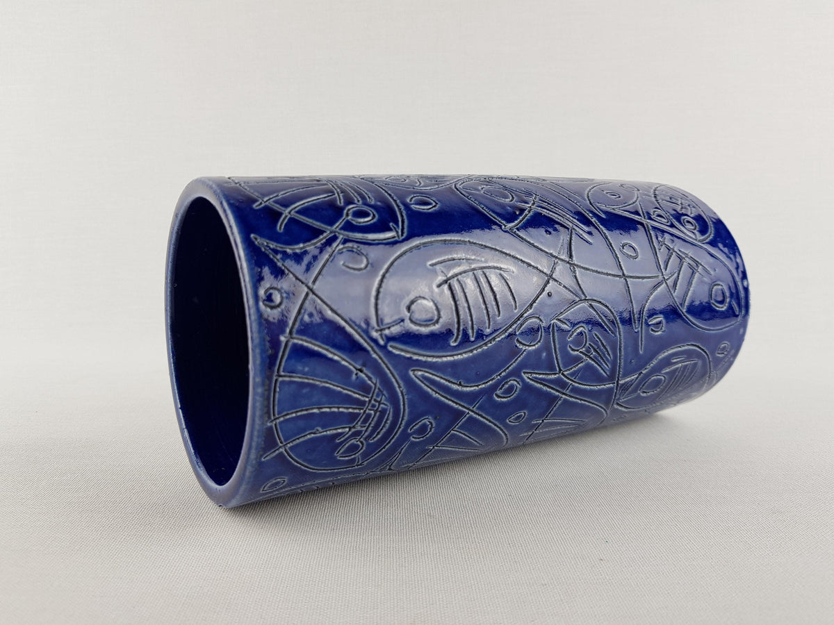 Vintage BLUE CILINDER VASE – Sgraffito Fish Decor 1960-70's