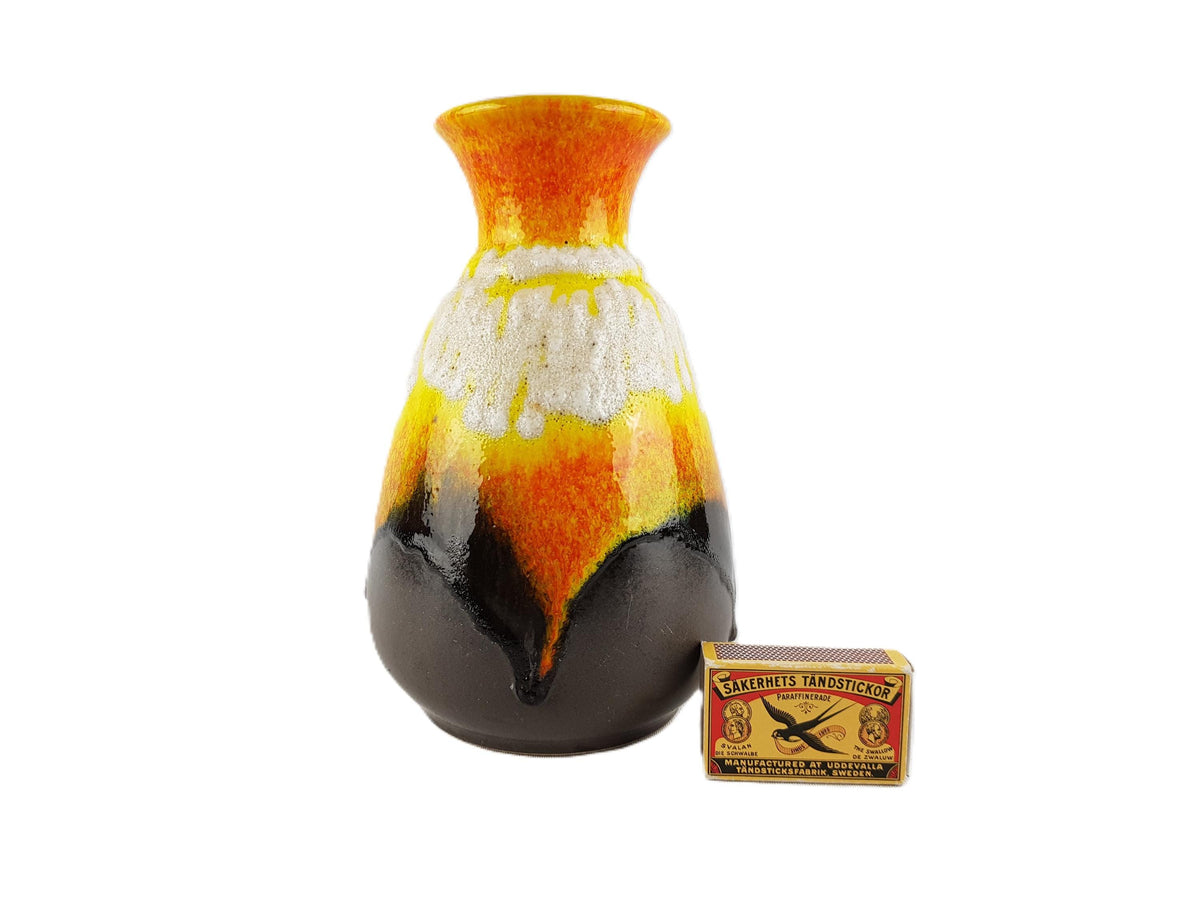 Vintage BAY KERAMIK Brown Vase With Orange and Yellow Lava Decor 66 20 West German Pottery 1960s