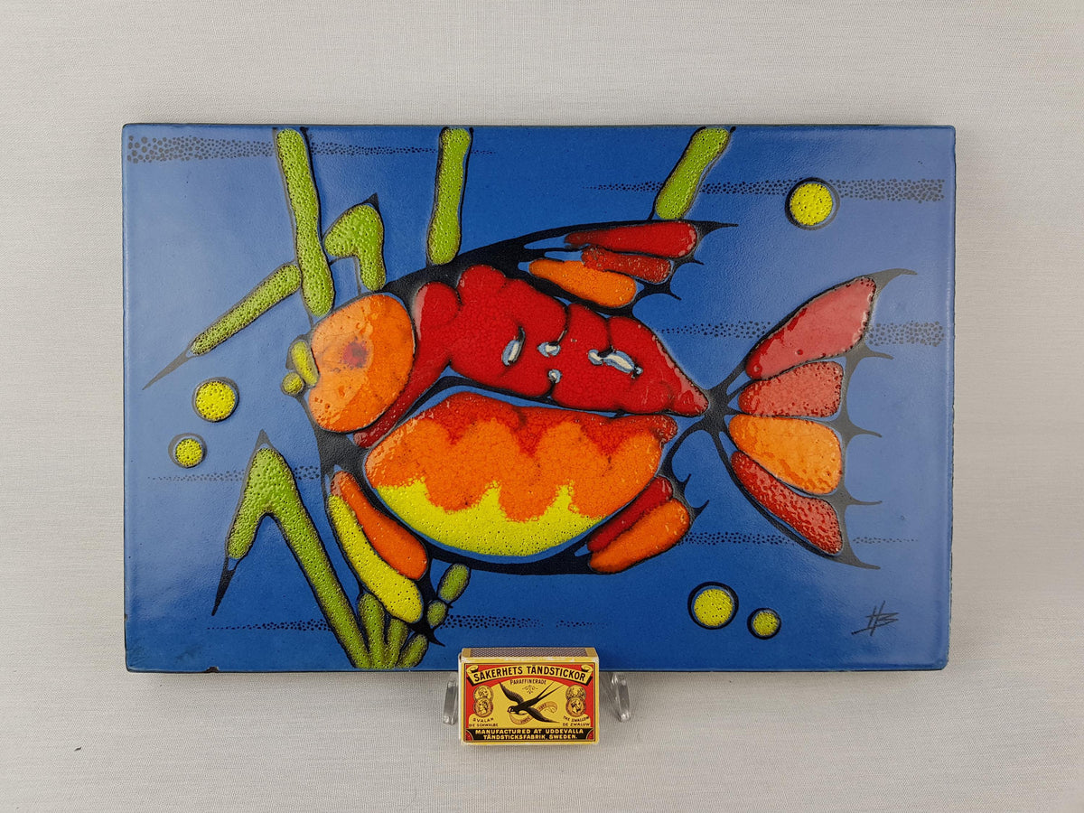 Vintage BAY KERAMIK Ceramic Blue Wall Plate 801-44 Orange-Red Fish – 1972s