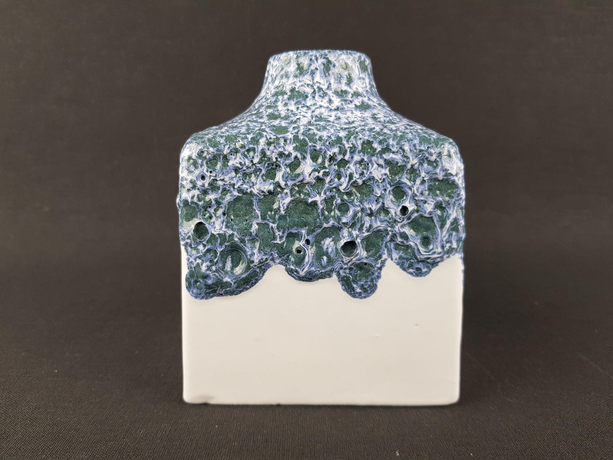 Vintage ES (Emons und Sohne) KERAMIK Square White Blue Fat Lava Vase West German Pottery 1970s