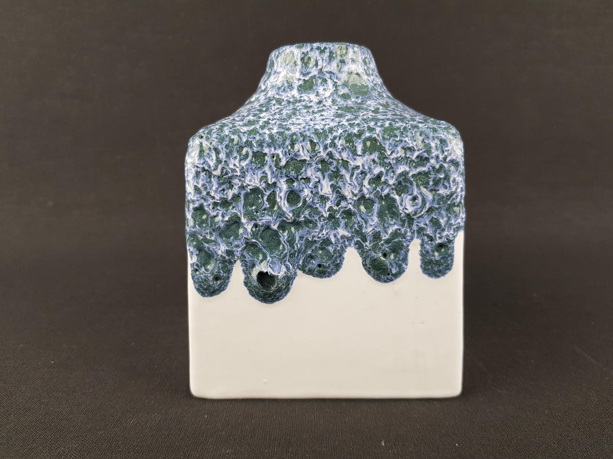 Vintage ES (Emons und Sohne) KERAMIK Square White Blue Fat Lava Vase West German Pottery 1970s
