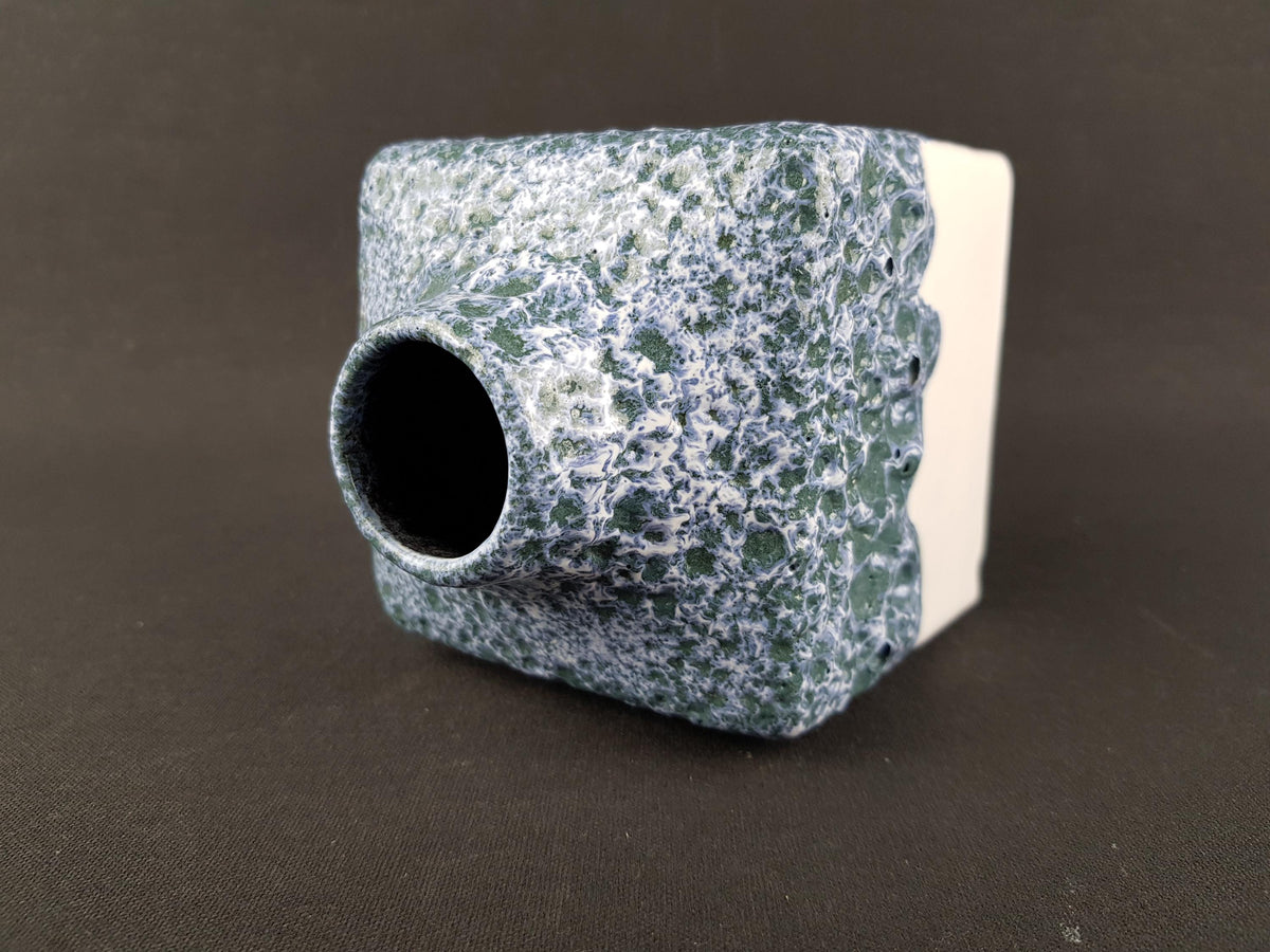 Vintage ES (Emons und Sohne) KERAMIK Square White Blue Fat Lava Vase West German Pottery 1970s