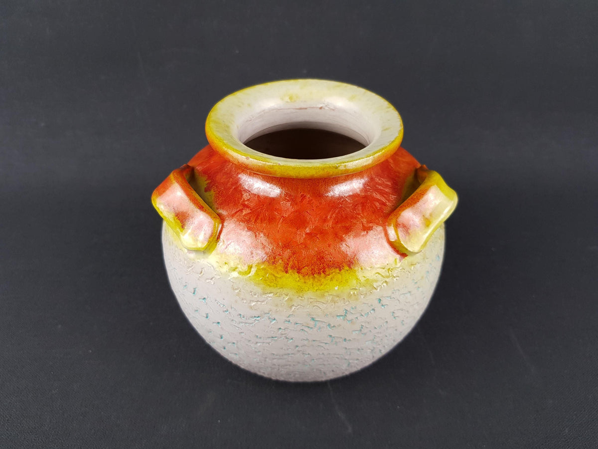 Vintage CERAMICHE TOSCANE White Triple Handled Vase with Orange and Yellow Glaze 1960's