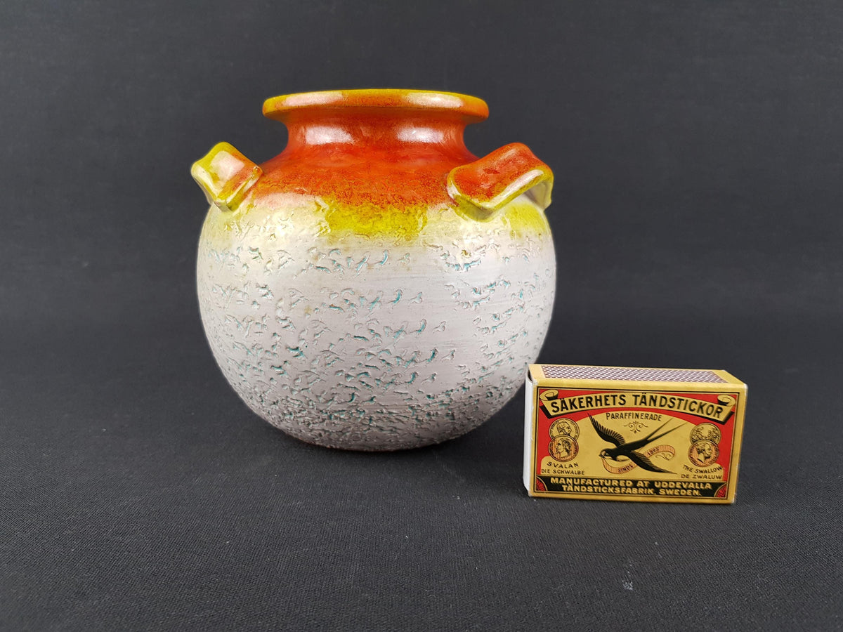 Vintage CERAMICHE TOSCANE White Triple Handled Vase with Orange and Yellow Glaze 1960's