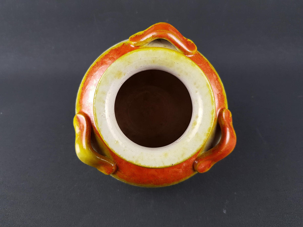 Vintage CERAMICHE TOSCANE White Triple Handled Vase with Orange and Yellow Glaze 1960's