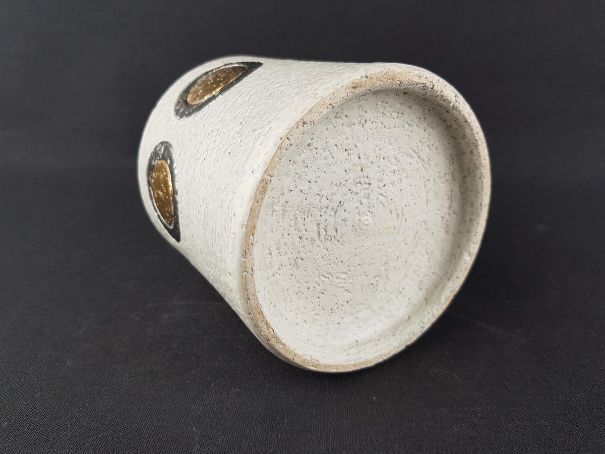Vintage BITOSSI White Vase with "Travertino " Gold Dot Decor Italy 1972's