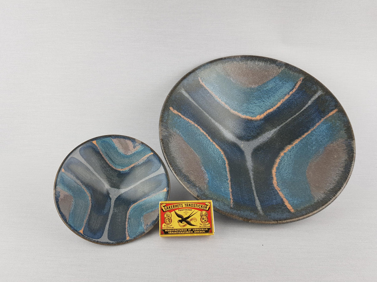 Vintage KMK (Keramik Manufaktur Kupfermühle) Set of 2 Blue and Grey bowls with Blue Orlando Decor by Gisela Biomart 1970s