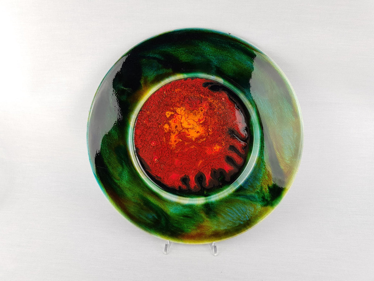 Vintage GRUNSTADT Green and Orange Wall Plaque West German Pottery by Reiner Gehrig 1970s