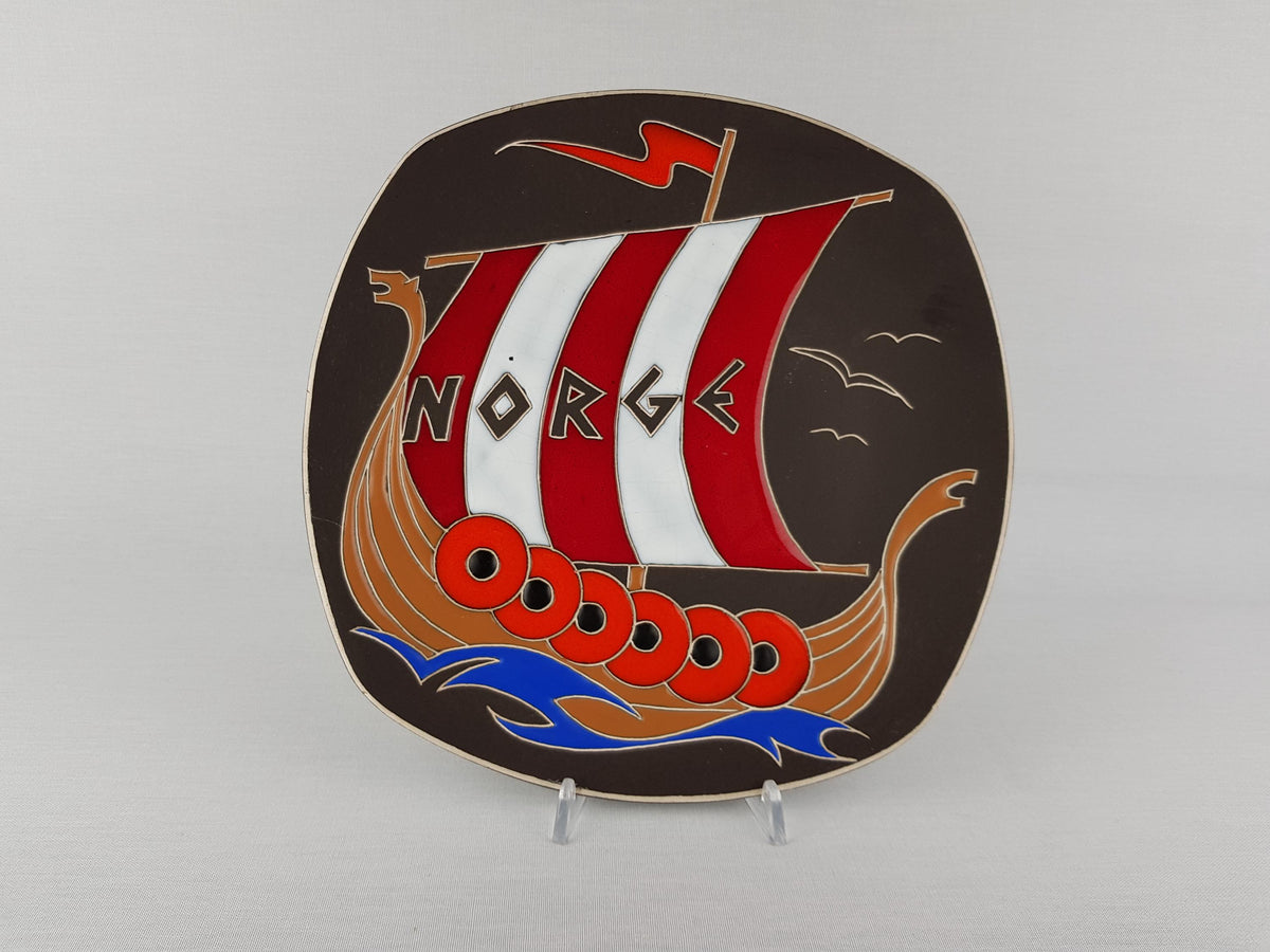 Vintage AWF Arnold Wiigs Fabrikker, Ceramic Wall Plate with Viking Ship 1008 Norway 1950s 1960s