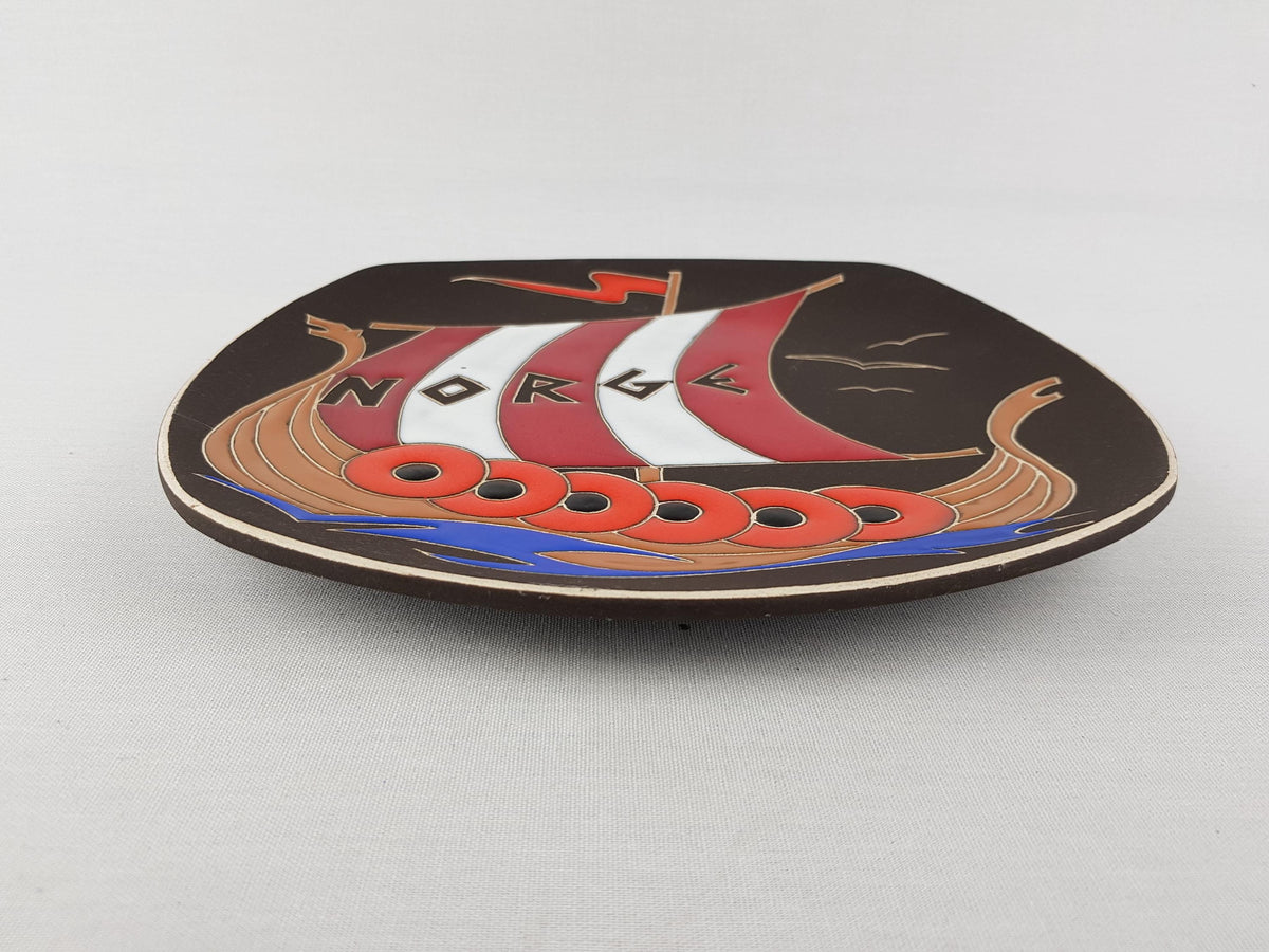 Vintage AWF Arnold Wiigs Fabrikker, Ceramic Wall Plate with Viking Ship 1008 Norway 1950s 1960s