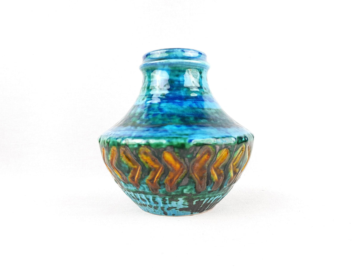 Vintage CARSTENS TÖNNIESHOF KERAMIK Blue and Yellow Vase Reliefserie Keltoi 42-15 West German Pottery 1968s