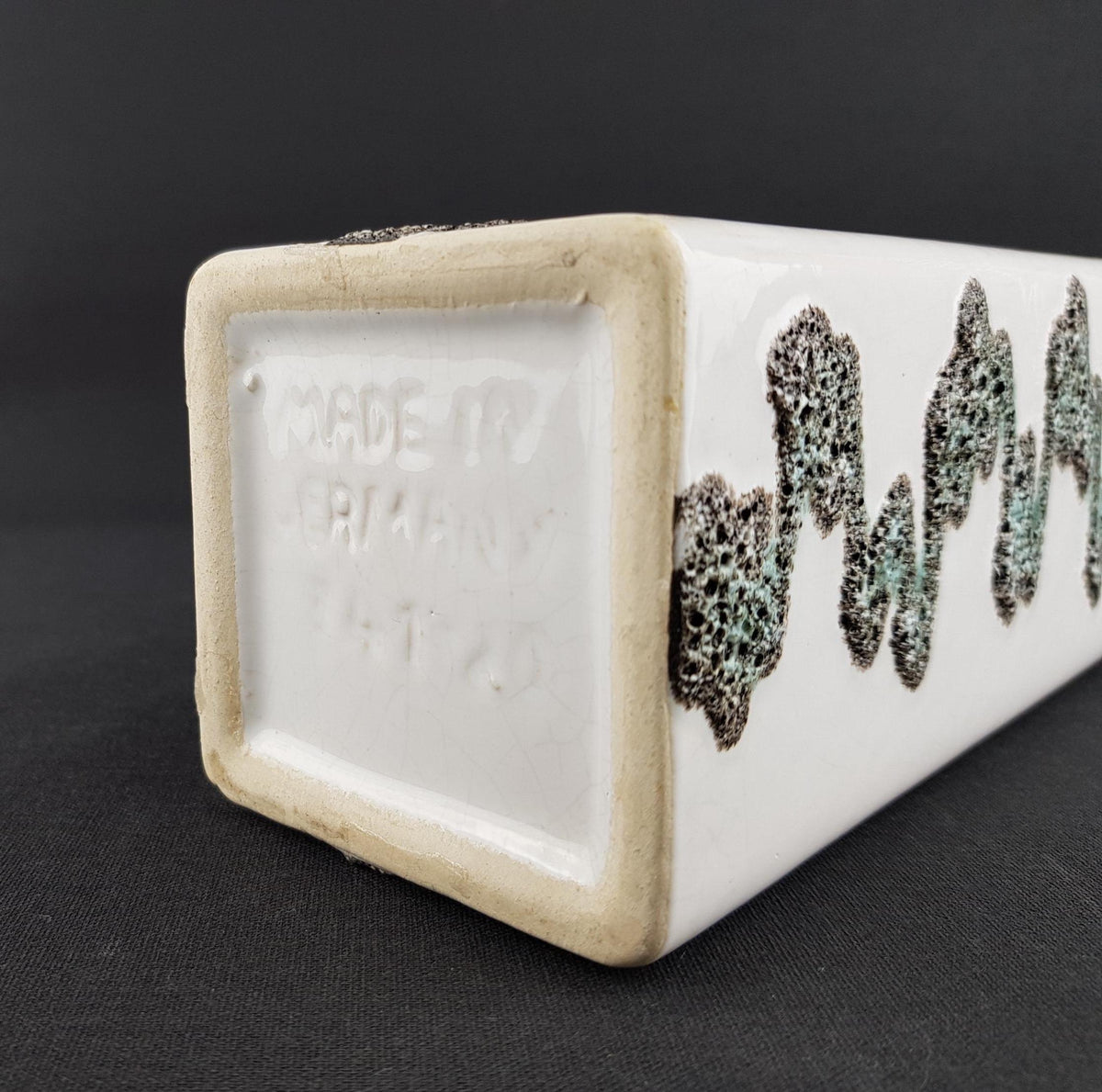 Vintage FOHR KERAMIK White Rectangular Vase With Green Zig-Zag Fat Lava Decor 341 West German Pottery 1958