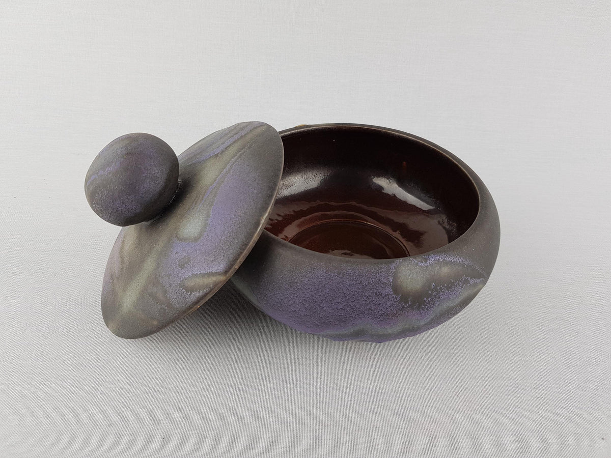 Vintage RUSCHA KERAMIK Purple and Dark Grey Bowl with Lid West German Pottery Fat Lava Era 1970s