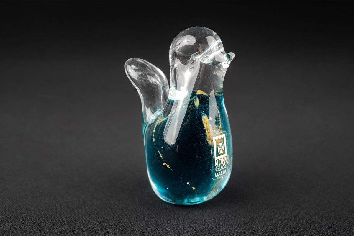 Vintage MDINA Blue and Yellow Glass Bird 1003 from Malta 1970s