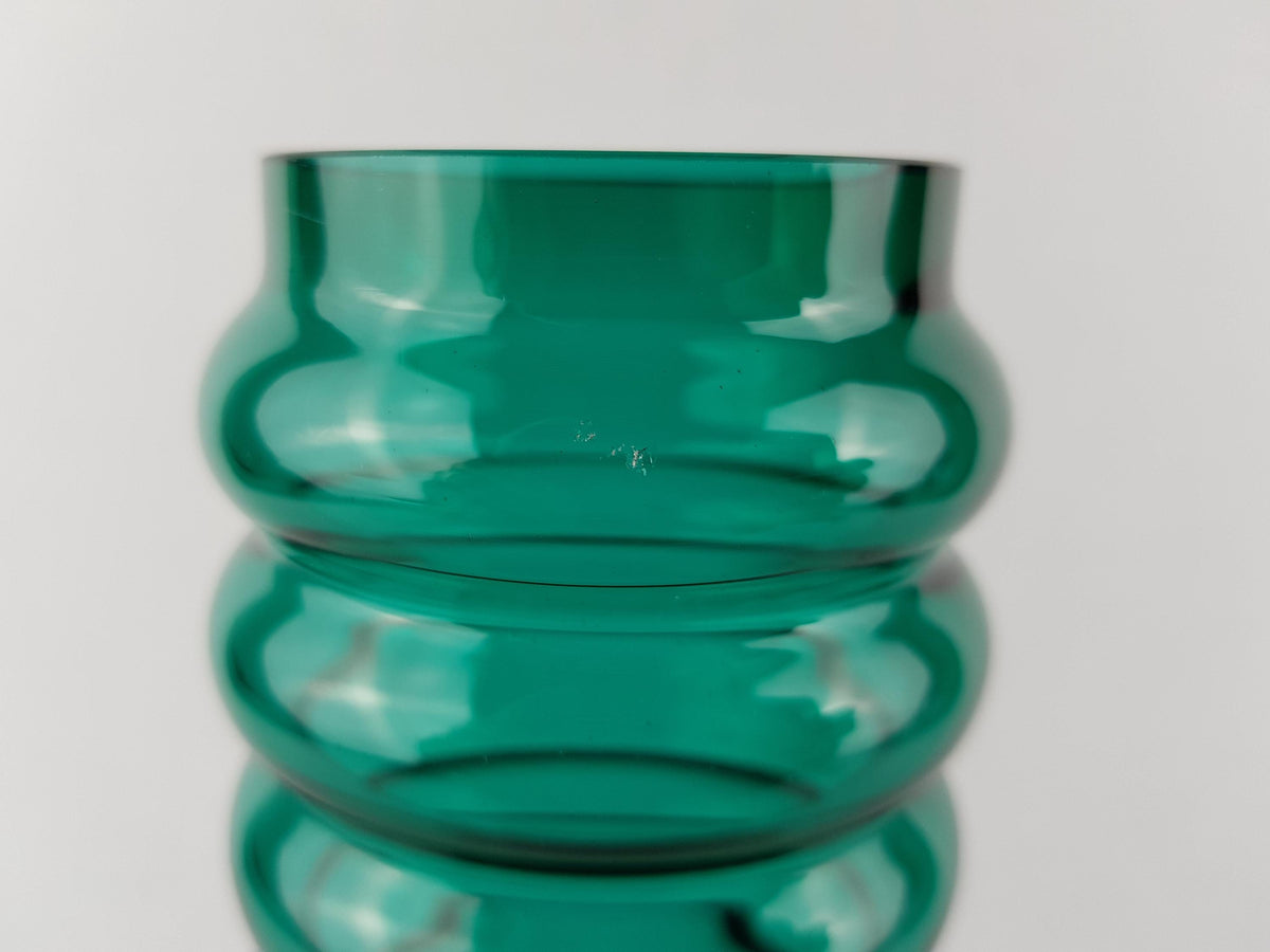 Vintage DRIBURG KRISTALL Handled Green Ribbed Vase with Copper Base "Vercuna" Serie by Theodor Hoffmann (teha) 1960's
