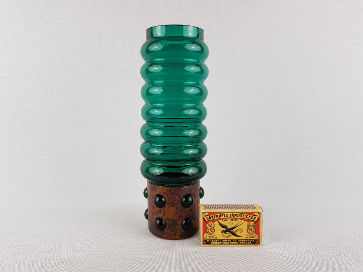 Vintage DRIBURG KRISTALL Handled Green Ribbed Vase with Copper Base "Vercuna" Serie by Theodor Hoffmann (teha) 1960's