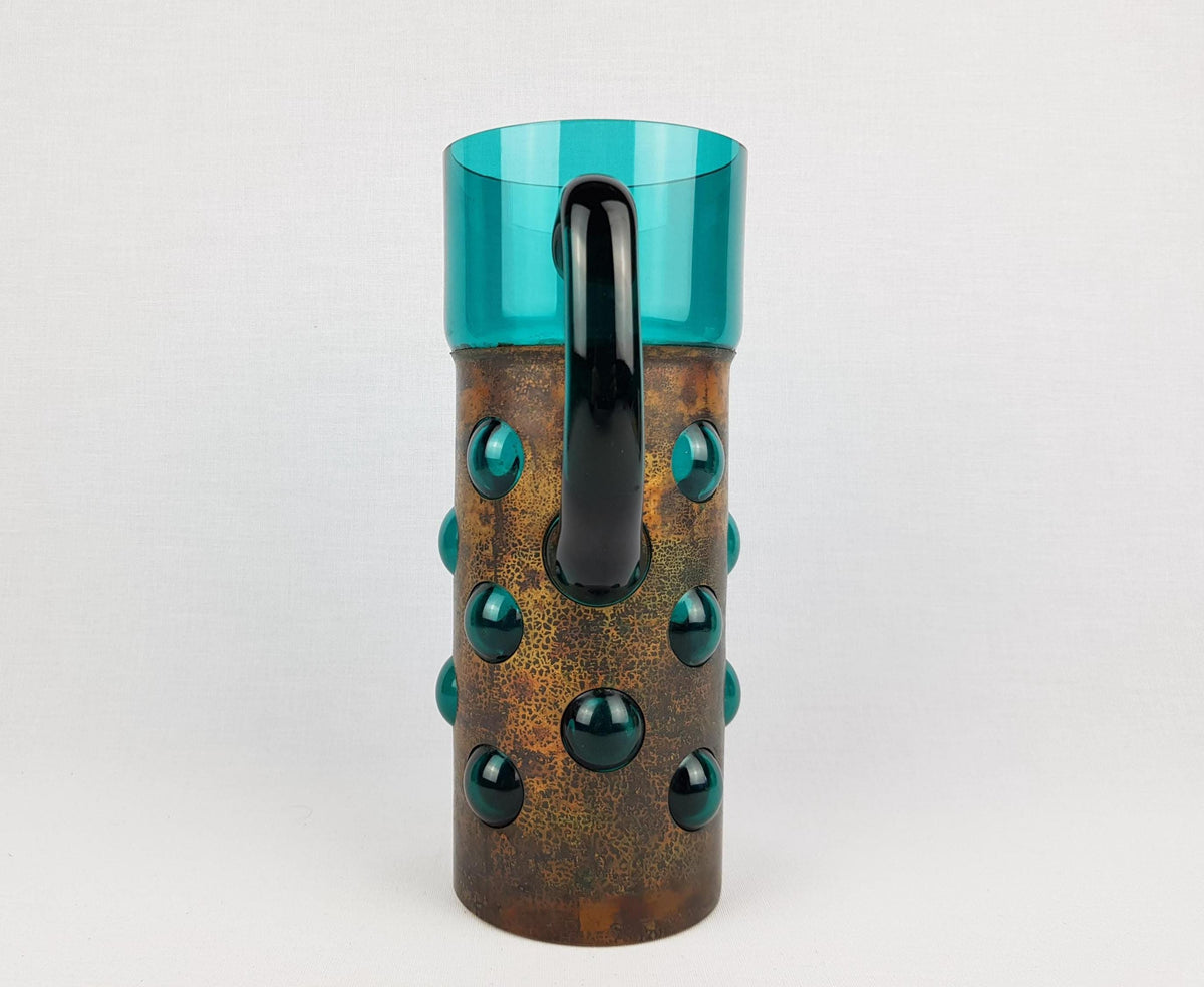 Vintage DRIBURG KRISTALL Handled Blue Turquoise Vase with Copper Base "Vercuna" Serie by Theodor Hoffmann (teha) 1960's