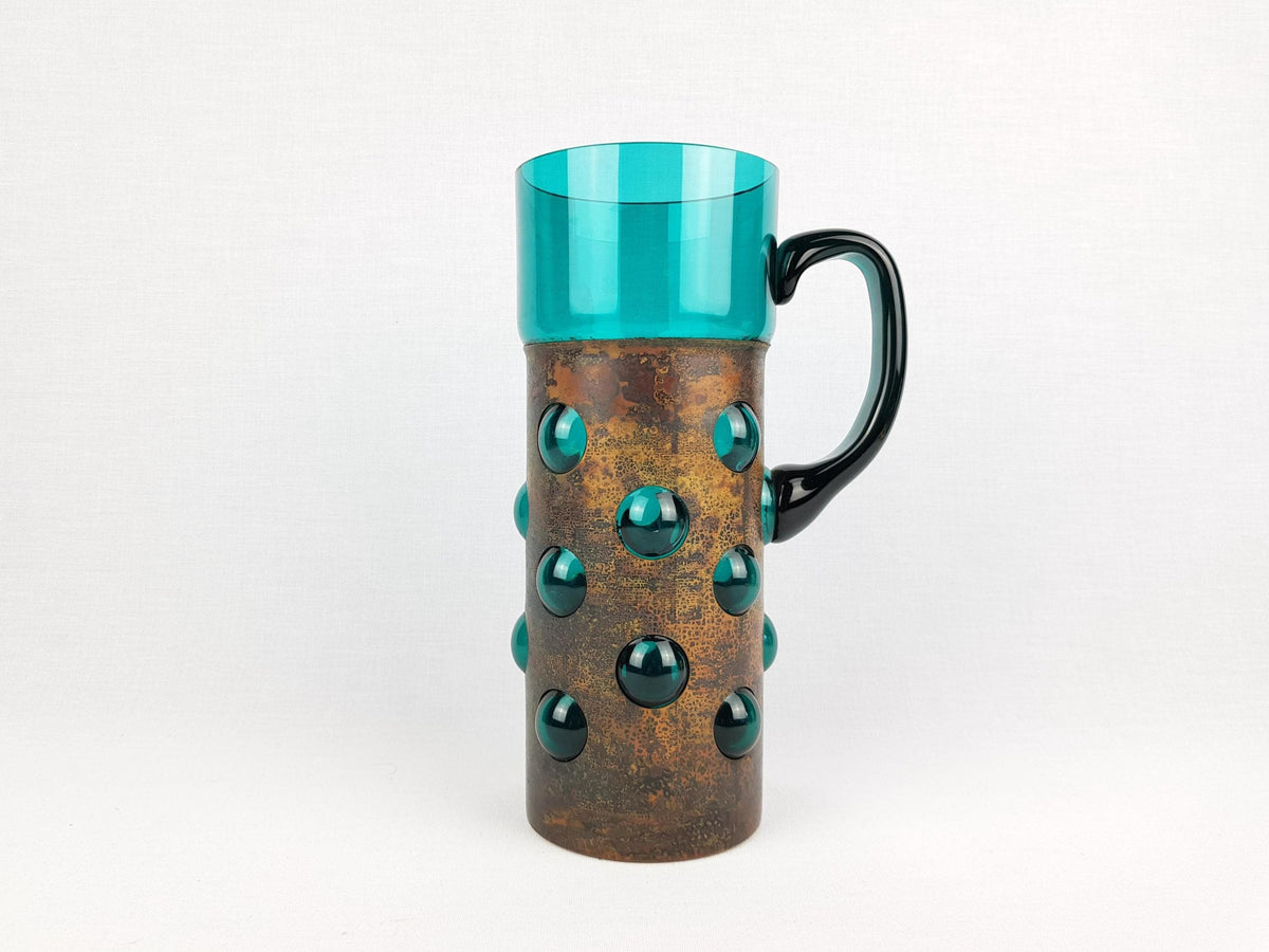 Vintage DRIBURG KRISTALL Handled Blue Turquoise Vase with Copper Base "Vercuna" Serie by Theodor Hoffmann (teha) 1960's