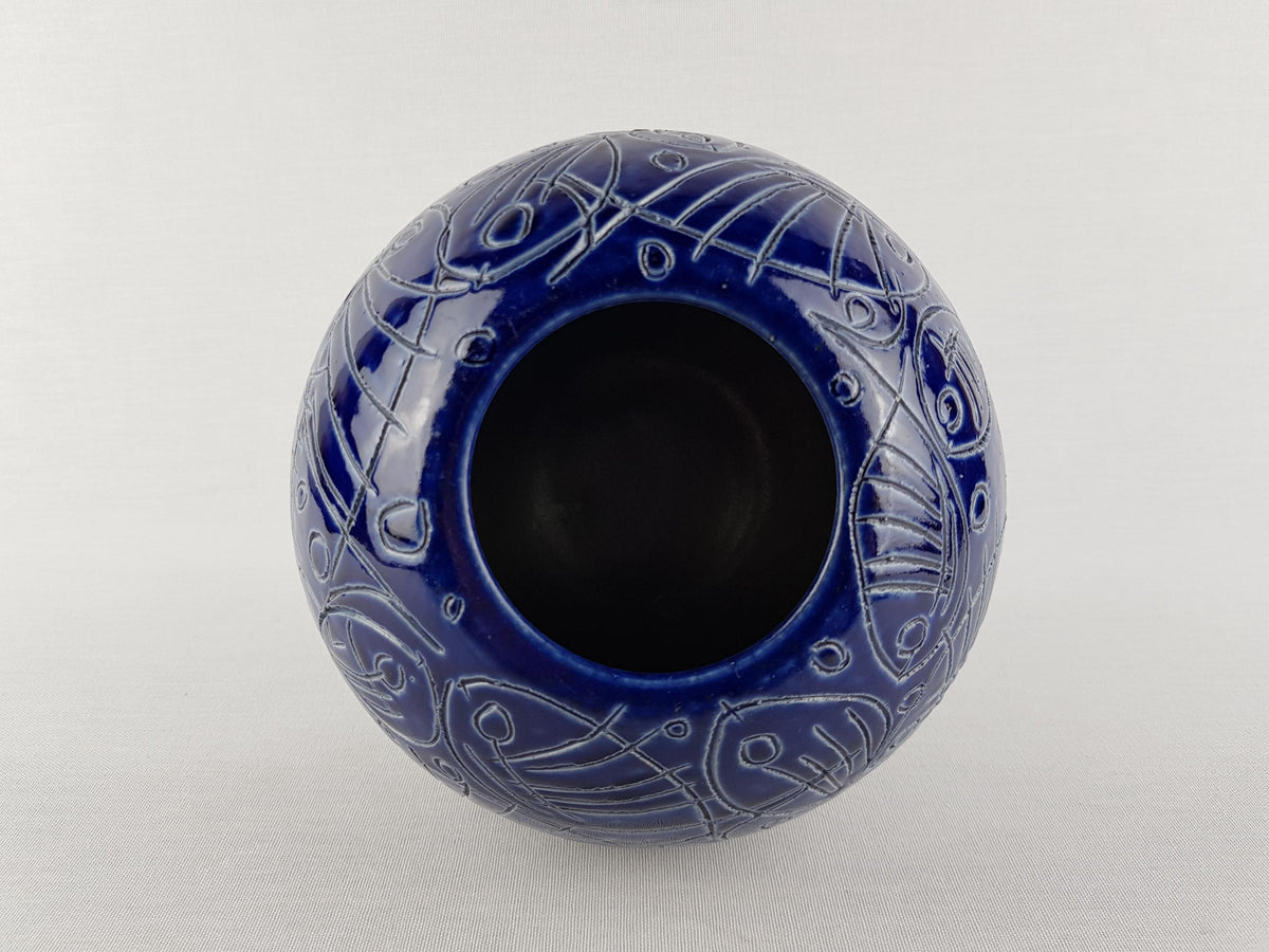 Vintage BLUE BALL VASE – Sgraffito Fish Decor 1960-70's