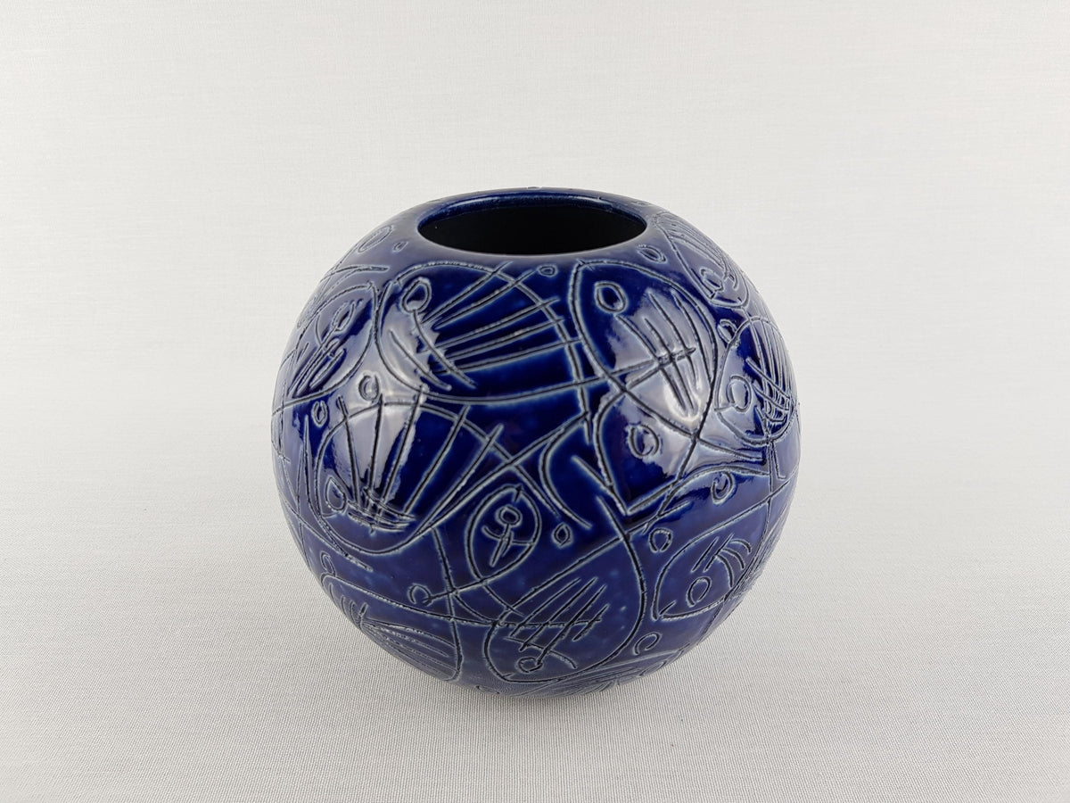 Vintage BLUE BALL VASE – Sgraffito Fish Decor 1960-70's