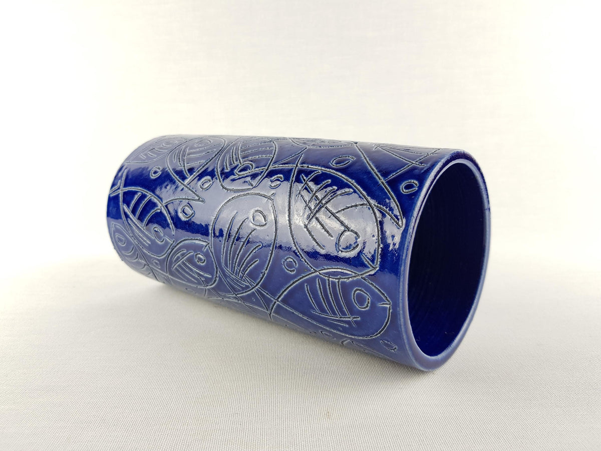 Vintage BLUE CILINDER VASE – Sgraffito Fish Decor 1960-70's