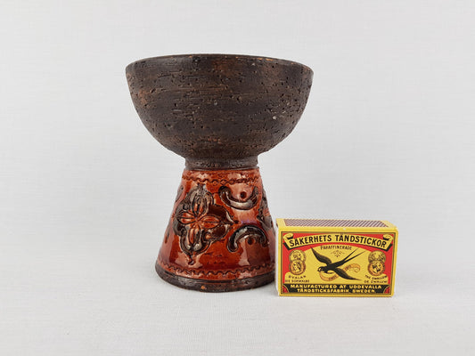 Vintage BITOSSI Brown Candle Holder with Incised Pattern Italian Pottery 1960s