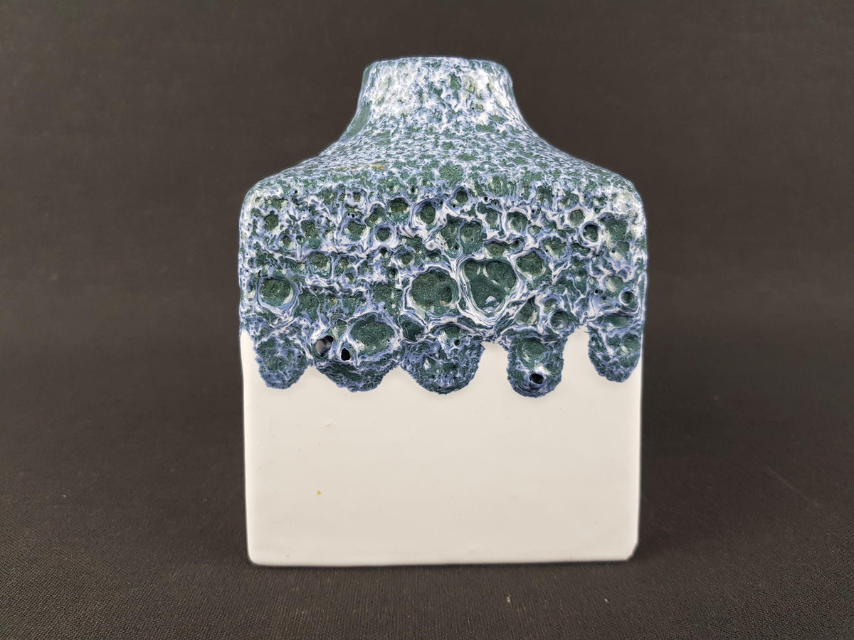 Vintage ES (Emons und Sohne) KERAMIK Square White Blue Fat Lava Vase West German Pottery 1970s