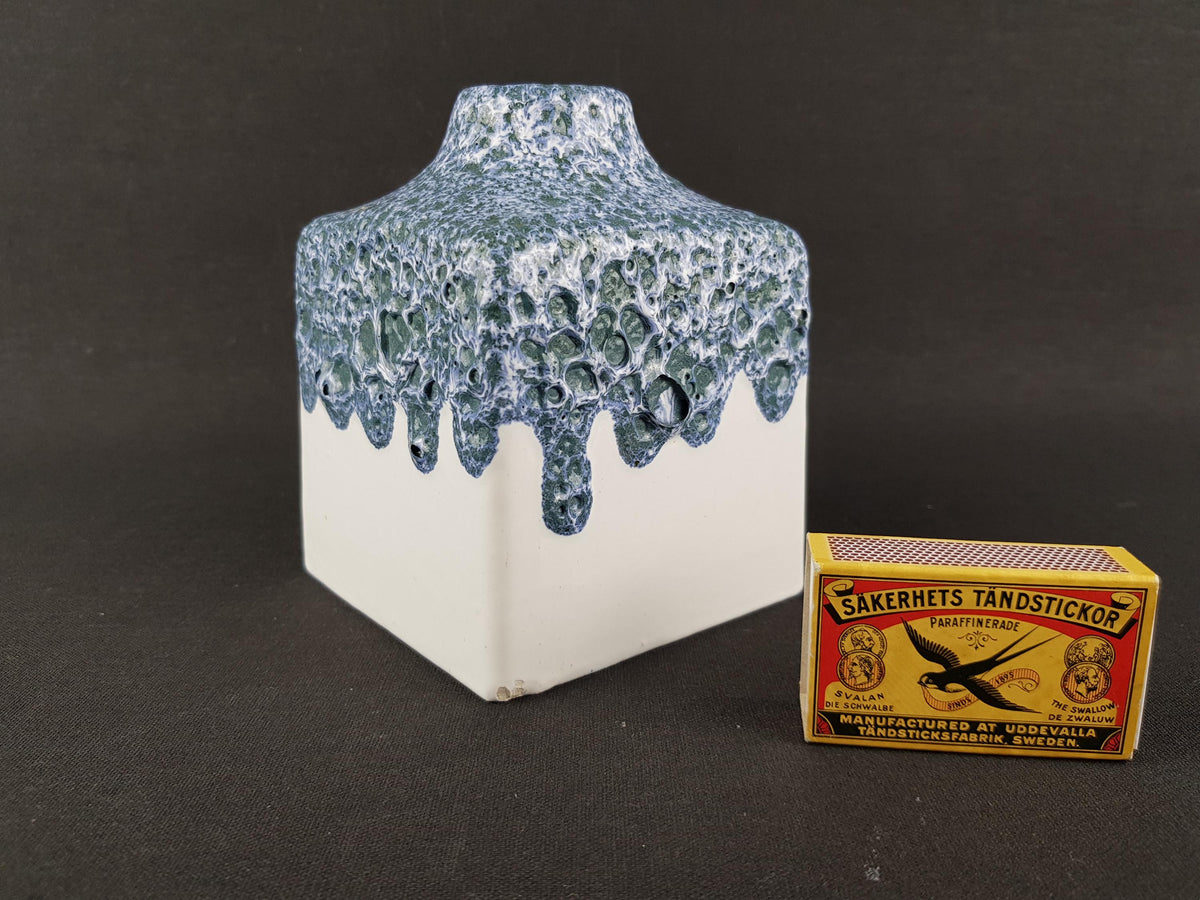 Vintage ES (Emons und Sohne) KERAMIK Square White Blue Fat Lava Vase West German Pottery 1970s