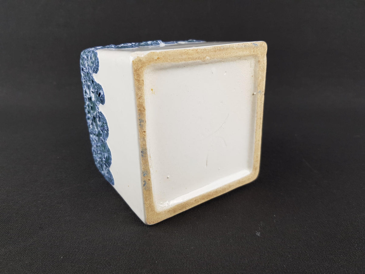 Vintage ES (Emons und Sohne) KERAMIK Square White Blue Fat Lava Vase West German Pottery 1970s