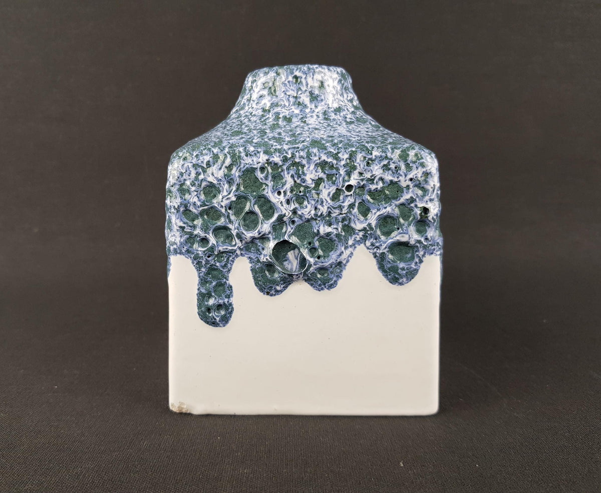 Vintage ES (Emons und Sohne) KERAMIK Square White Blue Fat Lava Vase West German Pottery 1970s