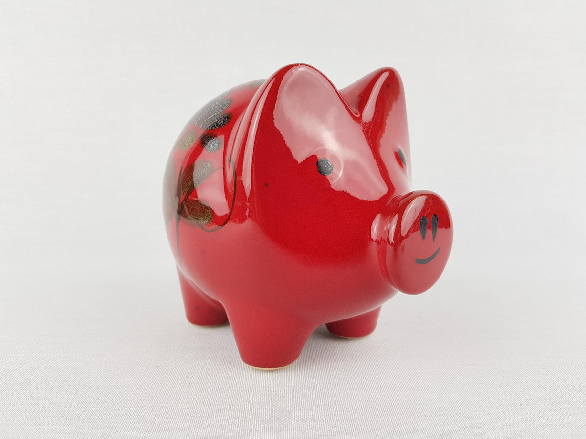 Vintage SCHEURICH KERAMIK Red Piggy Money Bank ''Clover'' Decor West German Pottery Fat Lava Era 1970s