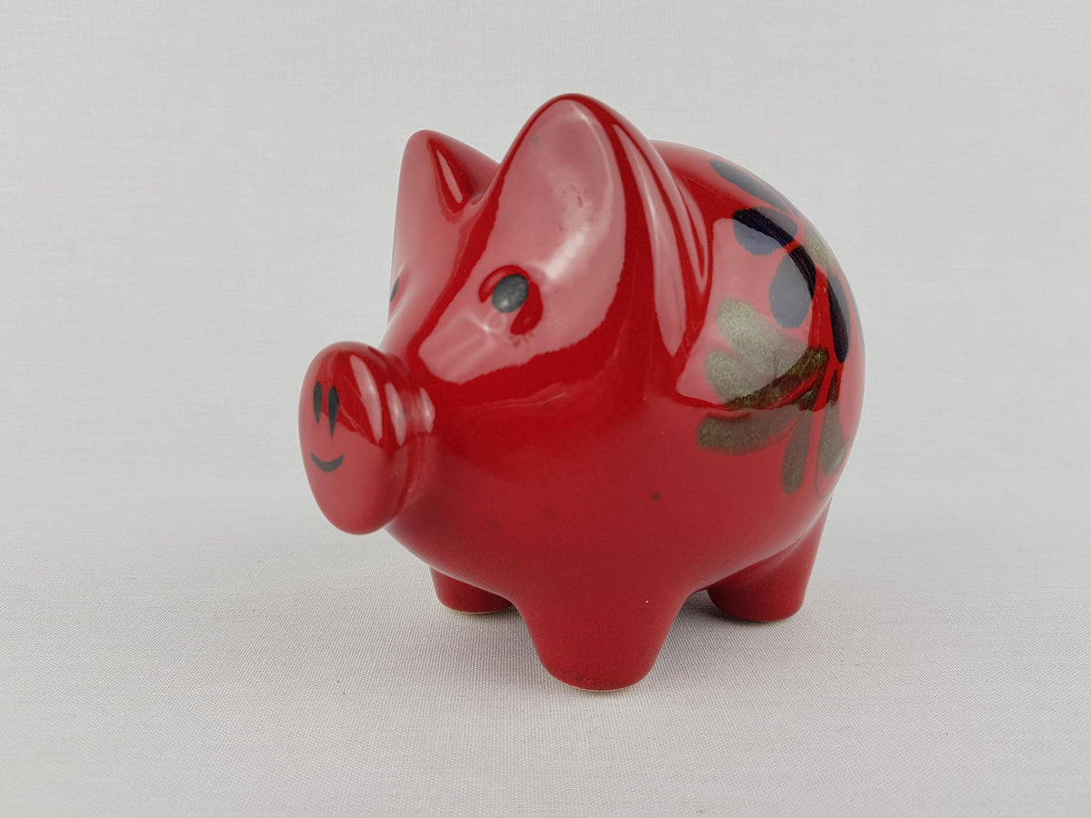 Vintage SCHEURICH KERAMIK Red Piggy Money Bank ''Clover'' Decor West German Pottery Fat Lava Era 1970s